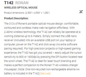 T142 - Ronan Wireless optical mouse $25.80 ( price includes a laser logo) minimum 25 units