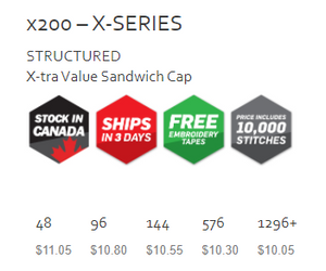 X200 - X series Cap America structured value sandwich cap $11.95 - promotional products - ( price includes embroidered logo ) minimum 48