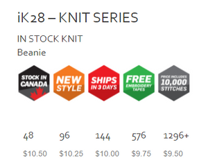 ik28 - Cap America Knit Beanie $10.50 ( price includes up to a 10,000 stitch embroidery ) minimum 48